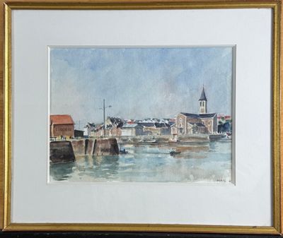 aquarelle encadrée représentant une scène de port avec des bateaux sur l'eau