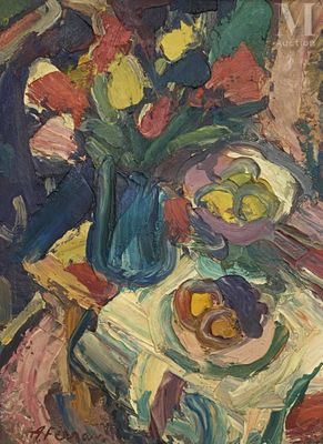une peinture représentant un vase de fleurs et de fruits sur une table
