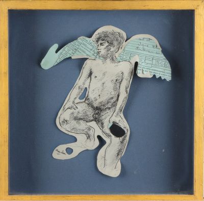 un dessin représentant un ange assis au sommet d'un cadre en bois