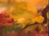 an oil painting of a tree with a yellow sky in the background