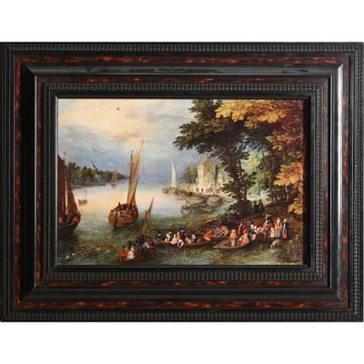 un tableau représentant une scène fluviale avec des bateaux et des personnes sur la rive