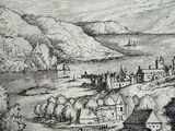 drawing of a view of a town with a river and mountains in the background