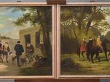 painting of a couple of paintings of people riding horses in a field