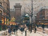 tableau représentant une rue animée en hiver, avec des passants marchant sur le trottoir
