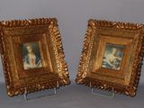 two framed pictures of a woman and a man sitting on a couch