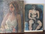 painting of a woman in a white dress next to a painting of a man in a white dress