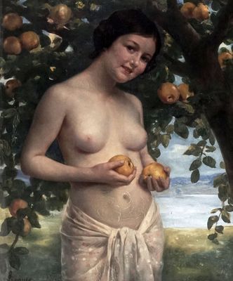 un tableau représentant une femme tenant une pomme devant un arbre