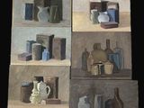 four different paintings of vases and bottles on a shelf