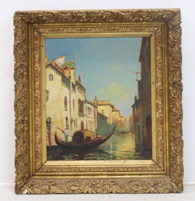 painting of a gondola on a canal with buildings in the background