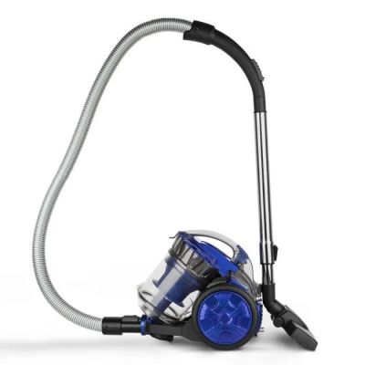 a close up of a blue vacuum cleaner on a white background