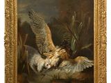 an oil painting of a bird and a duck in a pond