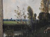 a painting of cows grazing in a field by a river