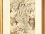 a drawing of a woman in a long dress standing in front of a tree