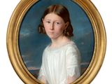 portrait of a young girl in a white dress in a gold frame