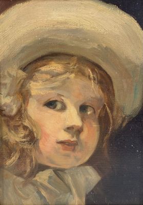 an oil painting of a young girl wearing a white hat