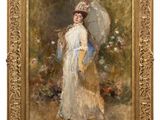 an image of a painting of a woman in a white dress holding a parasol