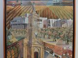 painting of a view of a town with a church and a vineyard