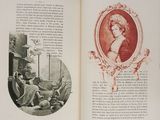 an open book with a picture of a woman in a red dress