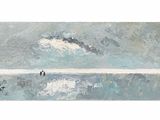 a painting of two people standing on a beach under a cloudy sky