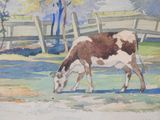 a watercolor painting of a cow grazing in a field