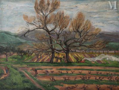 an oil painting of a farm scene with a large tree in the middle of the field