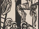 un dessin en noir et blanc représentant Jésus sur la croix avec d'autres personnes