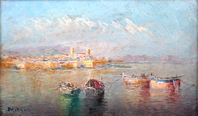 un tableau représentant des bateaux flottant sur l'eau près d'une ville