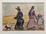 a painting of three people walking with a dog