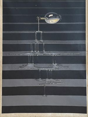 a black and white picture of a glass of wine on a table