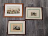 trois reproductions encadrées représentant des chevaux et des jockeys sur un parquet