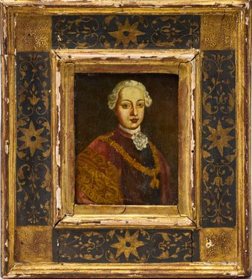 un tableau représentant un homme vêtu d'un manteau rouge à galons dorés