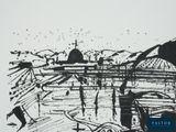 a black and white drawing of a bridge over a body of water