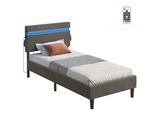 a bed with a blue headboard and a pillow on top of it