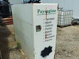 a refrigerator that is sitting outside of a building