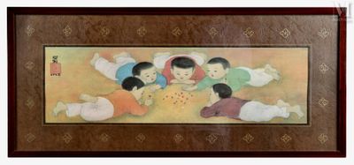 painting of a group of children laying on the ground in a circle