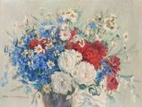 a painting of flowers in a vase on a table