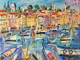 tableau représentant des bateaux dans un port, avec une ville en arrière-plan