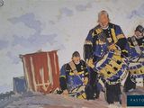 a painting of a group of men in uniform playing drums