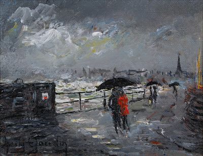 a painting of people walking in the rain with umbrellas