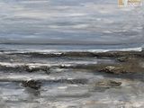 an oil painting of a beach scene with waves coming in to the shore