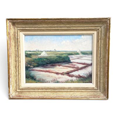 une peinture à l'huile représentant une scène de campagne avec une grange blanche au loin