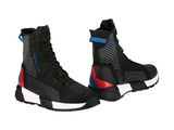 men ' s black and blue boots with red and blue accents