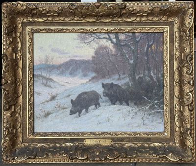 an oil painting of two bears in a snowy landscape by a tree