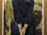 painting of a woman in a black dress sitting in a chair