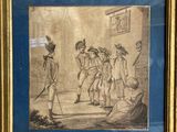 an old drawing of a group of men standing in front of a building