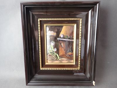 framed picture of a painting of a kitchen with a stove and a sink
