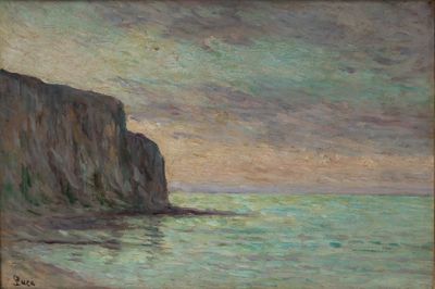 tableau représentant une falaise au bord de l'océan, avec un bateau dans l'eau