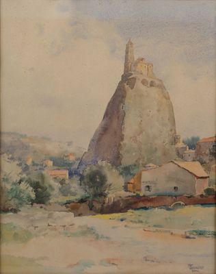 une image représentant un tableau où l'on voit une montagne avec un village en arrière-plan