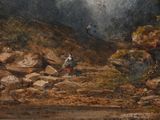 a painting of a man riding a motorcycle on a rocky trail