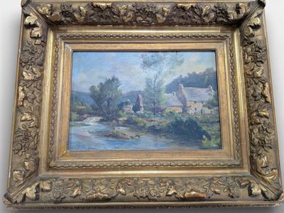 an oil painting of a river scene with a house in the background